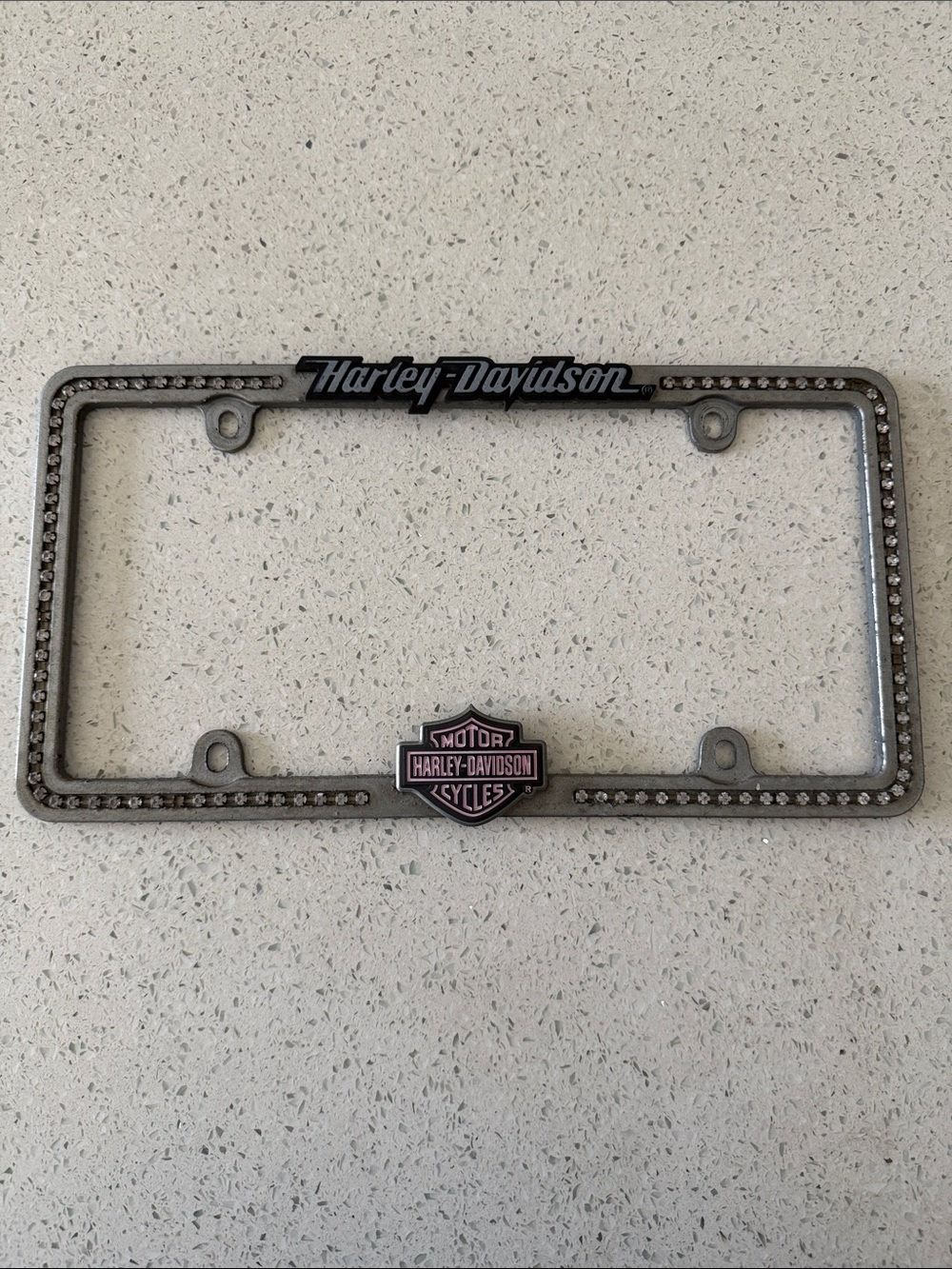 Harley-Davidson Silver License Plate Metal Frame with Pink Shield Accent